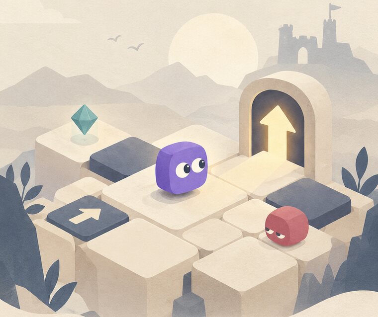 The purple cube hero next to a glowing exit door on a puzzle board